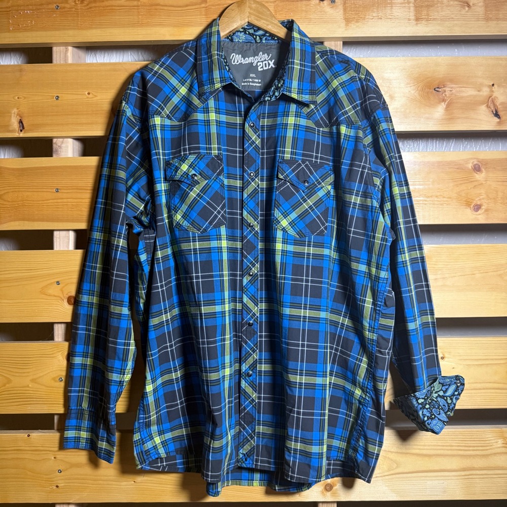 Wrangler 20X Western Snap Shirt Mens XXL Blue Plaid Cowboy Rodeo Country Plaid